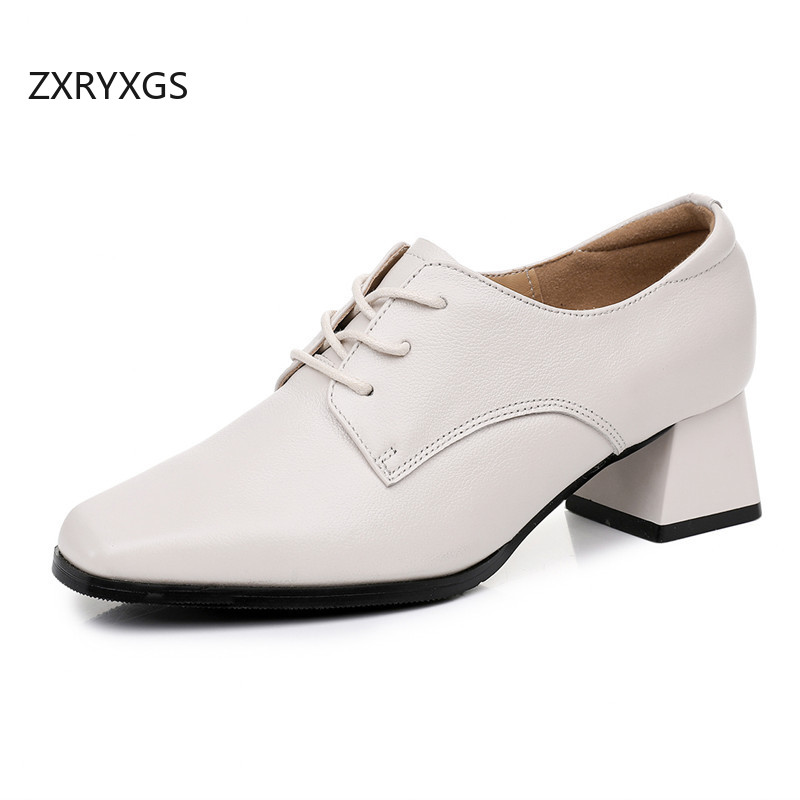 Women Shoes Size 4 In Cm - ZXRYXGS 2025 Top Cowhide Lace-up Square