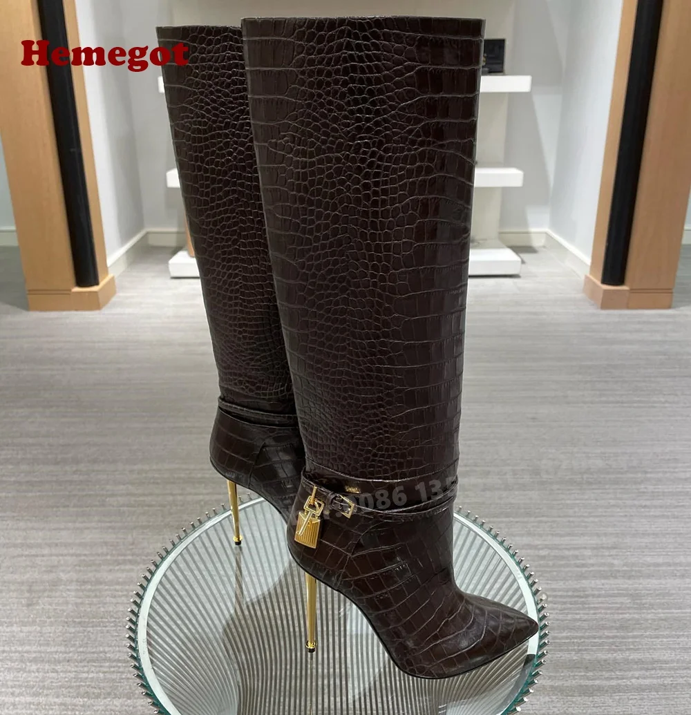 Women'S Shoes Crocs - Croc-Pattern Metal Heels Knee High Boots